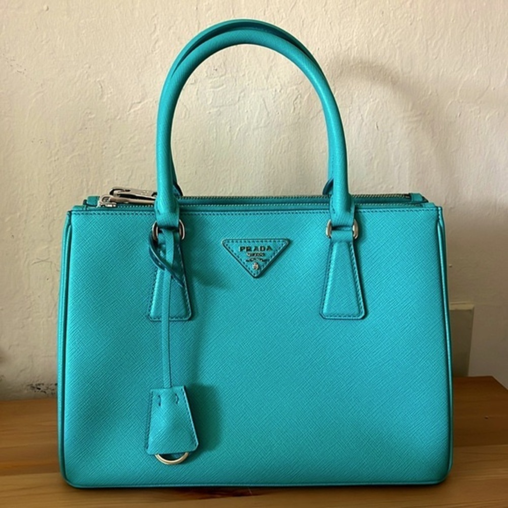 Like new Prada small Galleria teal saffiano leather 2-way bag